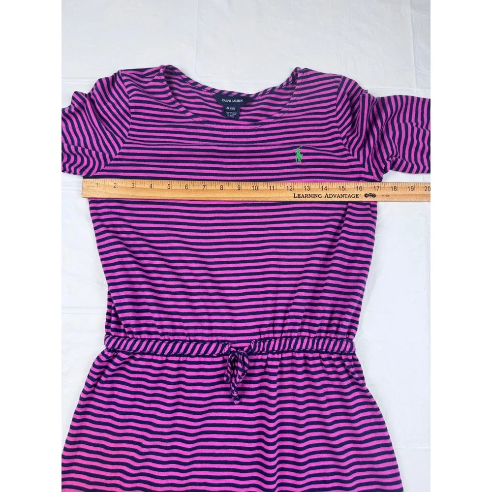 Ralph Lauren Girls XL 16 Pink Navy Striped Long Sleeve Cotton Jersey Dress Pony